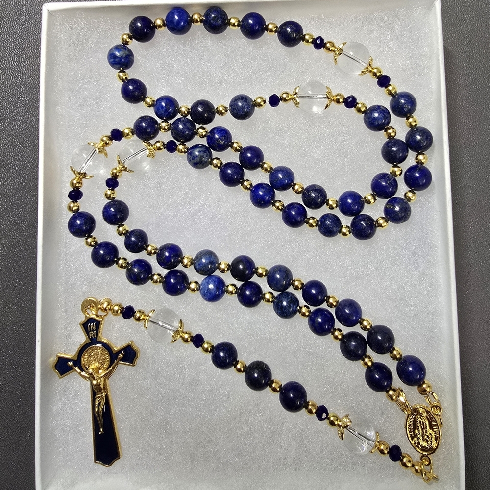 Large One Of A Kind Hand Crafted Rosary Made With Lapis Lazuli and Quartz